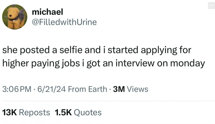 screenshot - michael she posted a selfie and i started applying for higher paying jobs i got an interview on monday 62124 From Earth. 3M Views 13K Reposts Quotes